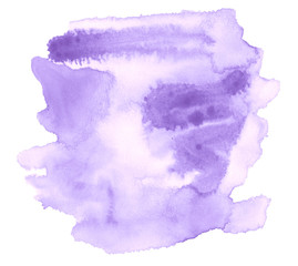 Lilac pastel watercolor hand-drawn isolated wash stain on white background for text, design. Abstract texture made by brush for wallpaper, label.