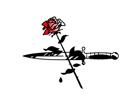 Tattoo of a dagger and roses. Vintage tattoo in the style of the American old school. Image is isolated on white background. Contour drawing. Fashionable tattoo for the mafia. Love and crime.