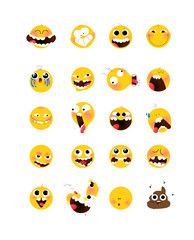 Set of yellow emotional heads, faces. Flat illustration of stylized human face. Round signs. Emoji, yellow sad, funny faces. Characters Internet memes.
