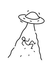 Illustration of alien abduction of man. Linear style. Illustration for website or presentation. Ship UFO abducts the inhabitants of the earth. They are among us.