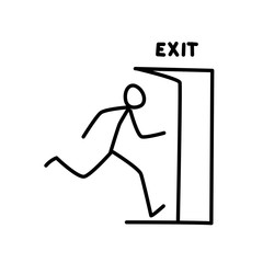 Illustration of a little man running out of the door.   Logout and security. Metaphor. Linear style. Illustration for website or presentation. Emergency exit