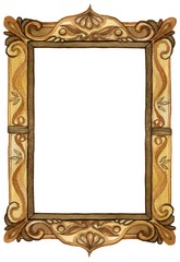 Watercolor rectangular wood carved picture frame with decoration, vertical orientation - hand painted illustration