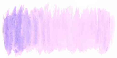 Lilac pastel watercolor hand-drawn isolated wash stain on white background for text, design. Abstract texture made by brush for wallpaper, label.