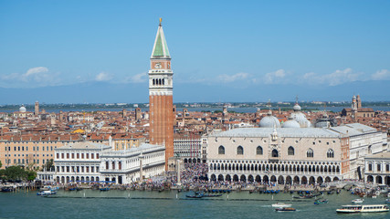 Fototapeta na wymiar Venice, Italy. Amazing drone aerial landscape of the San Marco square, Riva degli Schiavoni and water basin