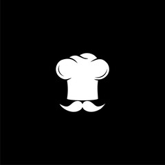 Chef hat silhouette with fork, knife, spoon icon or logo on dark background