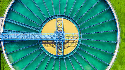 Aerial top view circle water treatment plant circular clarifier, Aerial top view recirculation solid contact clarifier sedimentation clean tank. for city. © Kalyakan