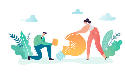 Creative Idea, Business Innovation, Imagination Concept. Businessman and Businesswoman Characters Working Together on new Project. Vector illustration