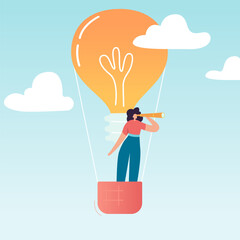 Business Woman Flying on Air Balloon with Light Bulb. Female Character Looking through spyglass in search of creative idea. Business Vision Concept. Vector illustration