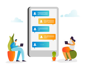 Social Media Concept. Characters Chatting in Social Networks Using Laptop and Smartphone. Man and Woman Communicating Online with Mobile Devices. Vector illustration