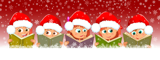 Children enjoy books for Chriatmas. Little children read books. Children with books on a red background. 
