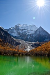 Pearl Lake and Mt. Chenrezig (6025m) in the background, Daocheng Yading Nature Reserve, Sichuan, China