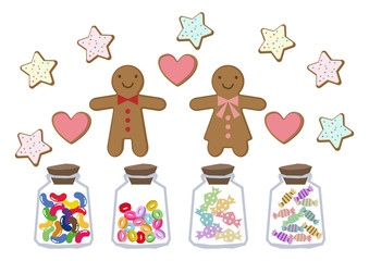 ジンジャーブレッドのイラスト。ジンジャーマンクッキーの挿絵。 焼き菓子のデザイン素材。