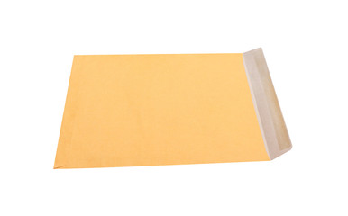 Open brown envelope isolated on white background with clipping path in horizontal space