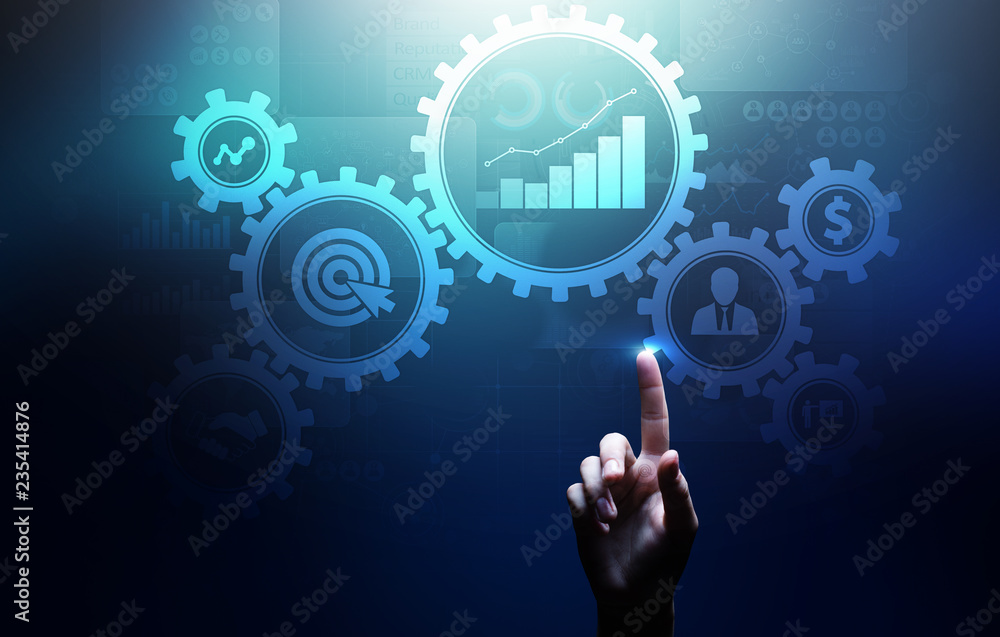 Poster business process management, automation workflow, document validation, connected gear cogs with icon