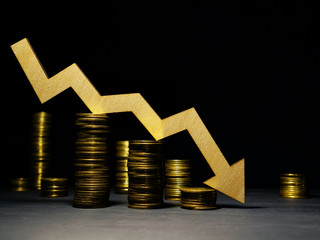 Market crisis concept. Falling arrow and money. Down of prices in a stock market.