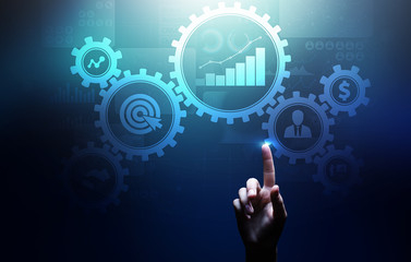 Business process management, automation workflow, document validation, connected gear cogs with icons, technology concept.
