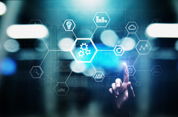 Automation of business and industrial process. Smart factory and technology innovation concept on virtual screen.