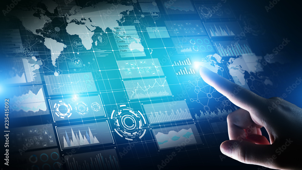 Poster business intelligence dashboard with graph and icons. big data. trading and investment. modern techn
