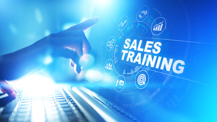 Sales training, business development and financial growth concept on virtual screen.