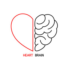 Heart and Brain concept, conflict between emotions and rational thinking, teamwork and balance between soul and intelligence. Outline icon design, vector illustration.