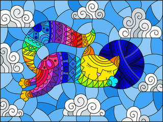 Stained glass illustration of a cartoon rainbow cat hugging a ball of yarn on the background of sky and clouds