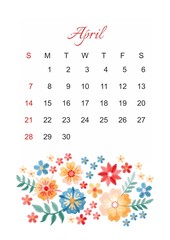 April. Vector calendar template for 2019 year with beautiful composition of embroidery flowers. Week start on sunday.