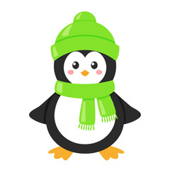 Little cartoon penguin in a green hat and scarf isolated on a white