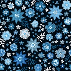Floral embroidery pattern. Seamless print. Blue and white winter flowers on black background. Fresh embroidered design. Vector illustration.