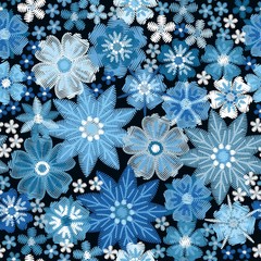 Embroidery seamless pattern with beautiful blue flowers. Floral fashion design. Vector illustration.
