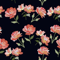 Embroidery with rose flowers. Vector seamless pattern. Decorative floral ornament on black background.
