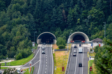 Beautiful view of mountains and entrance to autobahn tunnel near village of Werfen, Austria