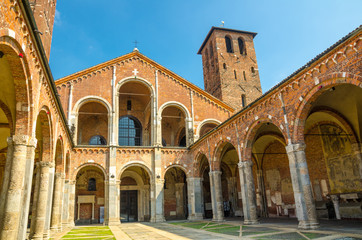 Fototapeta na wymiar Basilica of Sant'Ambrogio church brick building, Milan, Italy