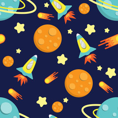 cartoon kid rocket galaxy pattern seamless