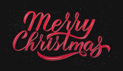 Merry Christmas calligraphy lettering on black background. Celebration quote hand painted with brush. Holidays typography poster. Easy to edit vector template