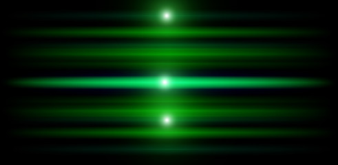 Neon glowing green lines. Flash lights. Abstract illustration with blurred glowing lights. Background with shining lens flares. Wide format