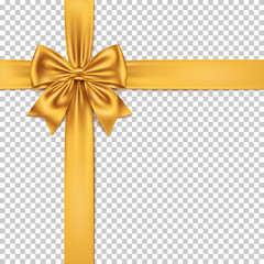 Golden gift bow and ribbon isolated on transparent background. 