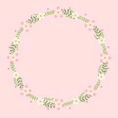 Floral greeting card and invitation template for wedding or birthday anniversary, Vector shape of text box label and frame, Pink flowers wreath ivy style with branch and leaves.