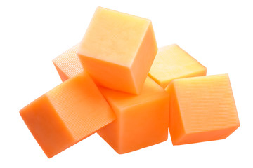 Cheddar cheese cubes, pile, paths