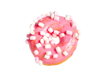 Pink donut with marshmallow isolated on white.