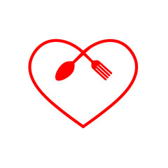 Love food modern style logo design. a spoon knife and a fork in the shape of a heart. Vector flat illustration icon. Isolated on white background. Spoon and fork food love plate concept