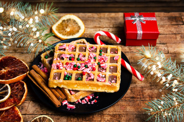 Homemade waffles with Christmas decorations