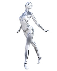 Dance robot woman. Metal droid. Artificial Intelligence. Conceptual fashion art. Realistic 3D render illustration. Studio, isolate, high key.