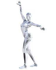 Dance robot woman. Metal droid. Artificial Intelligence. Conceptual fashion art. Realistic 3D render illustration. Studio, isolate, high key.