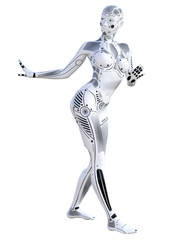 Dance robot woman. Metal droid. Artificial Intelligence. Conceptual fashion art. Realistic 3D render illustration. Studio, isolate, high key.