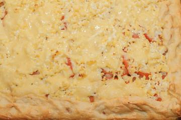 Cooking pizza pie with meat and vegetables under cheese