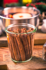 Cinnamon sticks in jar, festive Christmas spice