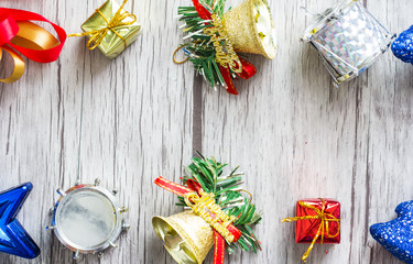 Christmas background with decorations a on wooden board
