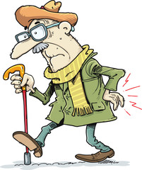 Old man with a cane. An elderly man suffering from back pain