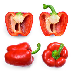 Red bell peppers, isolated on white background. Red bell pepper vegetables arrangement, top view.