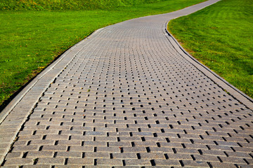 Stone path in the park and green lawn.
